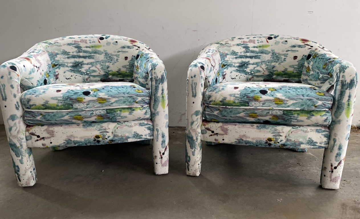 Elephant chairs reupholstered in a bold contemporary fabric